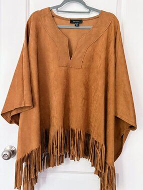 Karen Kane Faux Suede Fringe Poncho Top Boho Western M/L Camel Brown